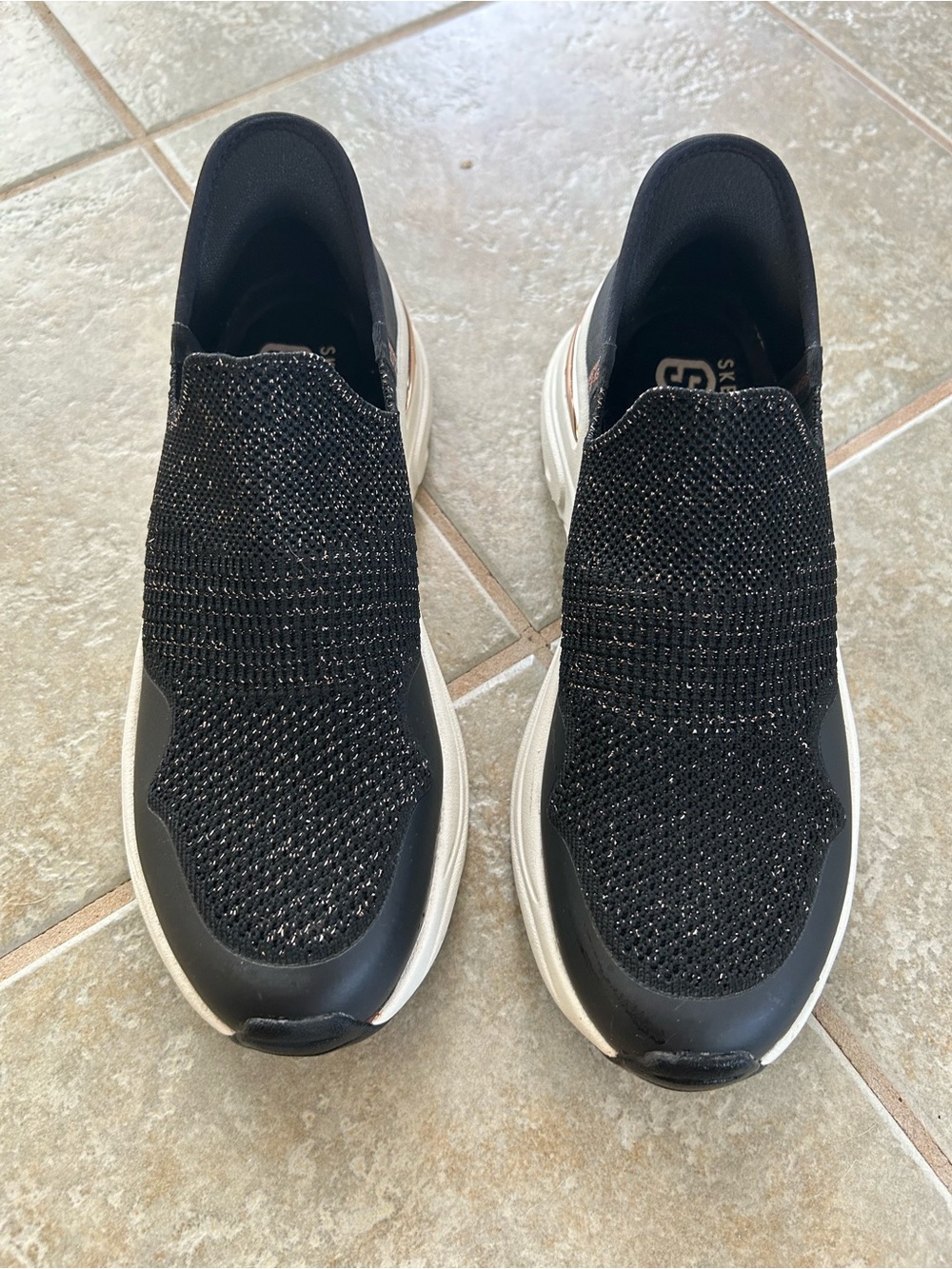 Skechers Black Knit Slip-On Sneakers with White Sole